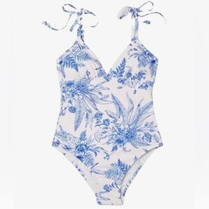 Large Kona Sol toe strap one piece swimsuit White Blue toile Floral bird swim
